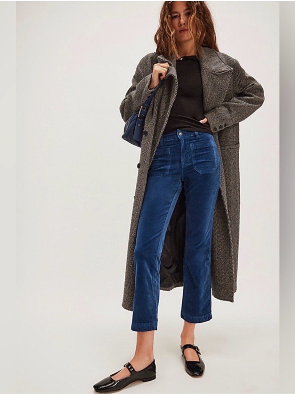 FREE PEOPLE High Times Velvet Kick Flare Ankle Pants Sz 12 Marin Navy Blue
